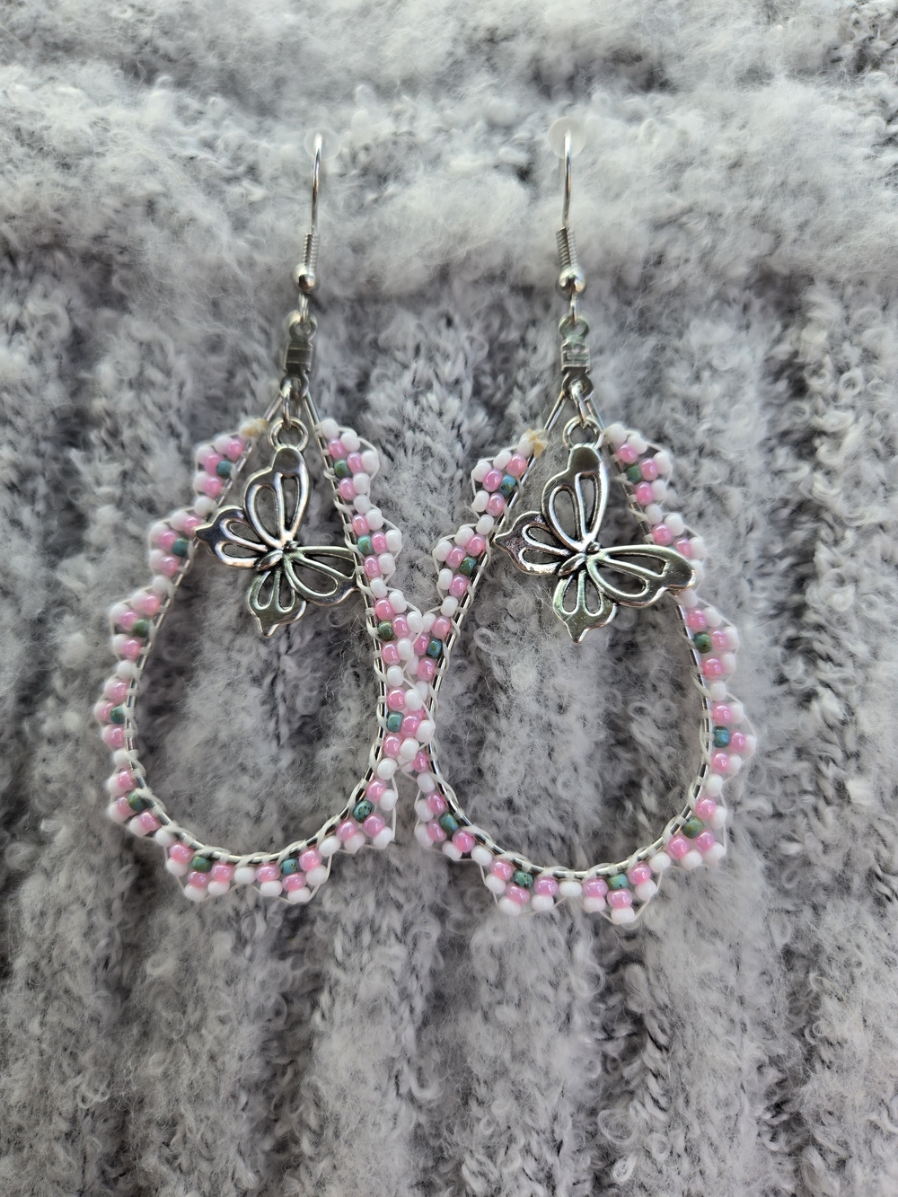 Pink Beaded Teardrop Earrings with Silver Butterfly Accent